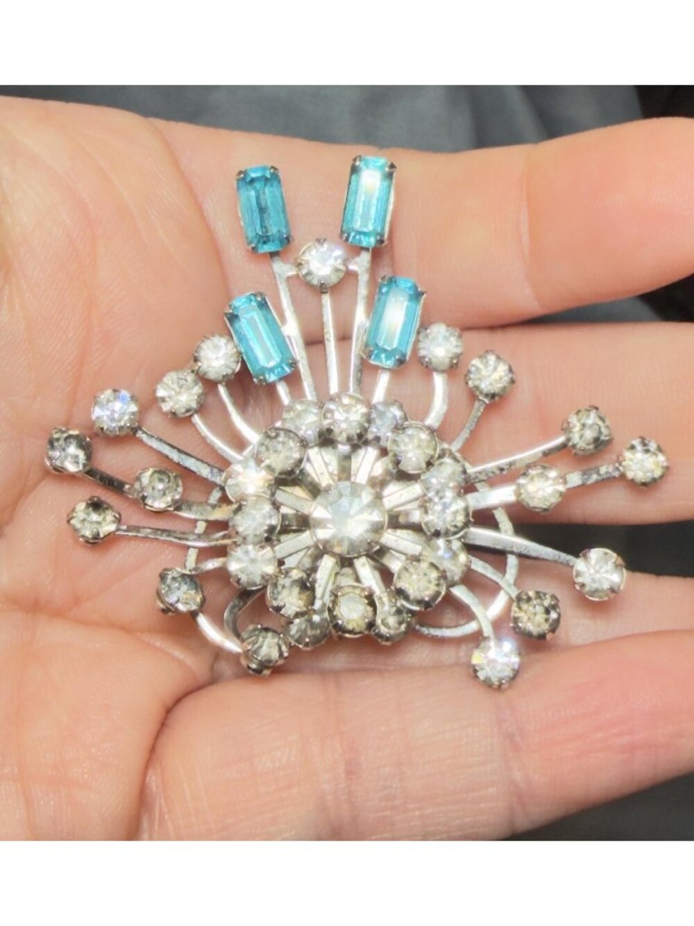Vintage Rhinestone Starburst Brooch Pendant Blue Baguette Stones
